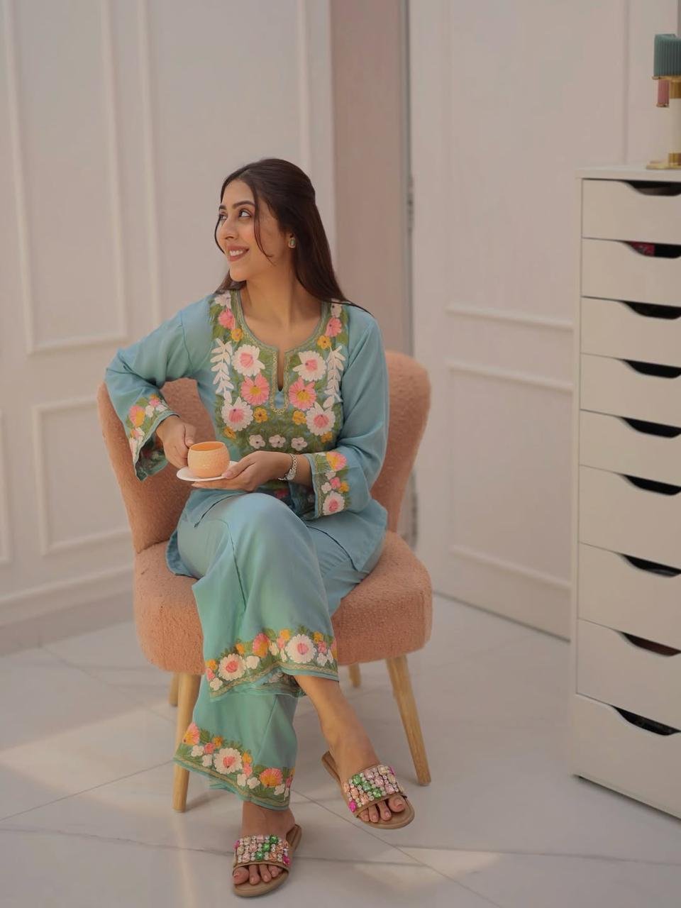 Pure Cotton Sky Embroidered Co-Ord Set