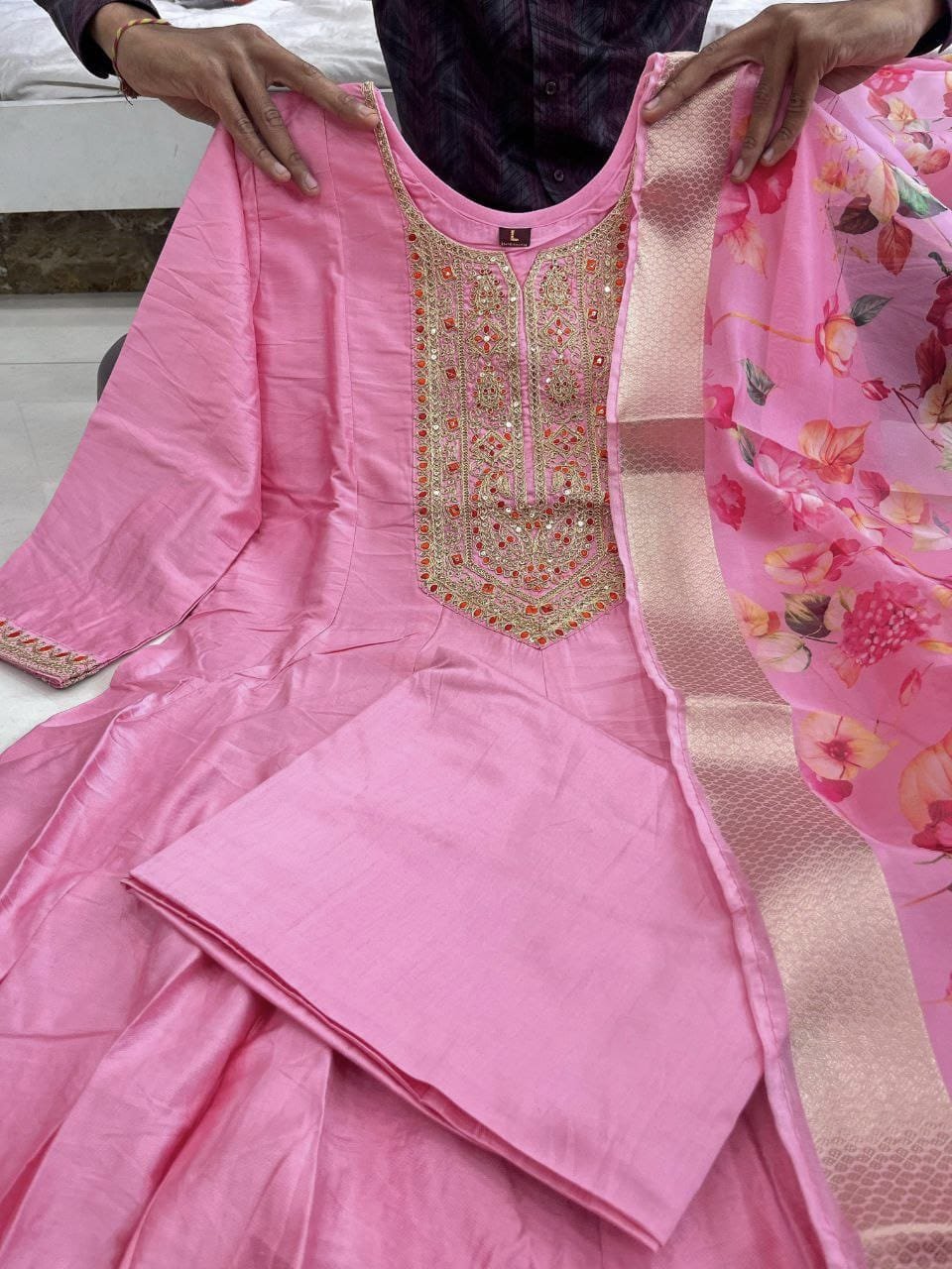 Banana Silk Anarkali Kurti Pant Dupatta Set