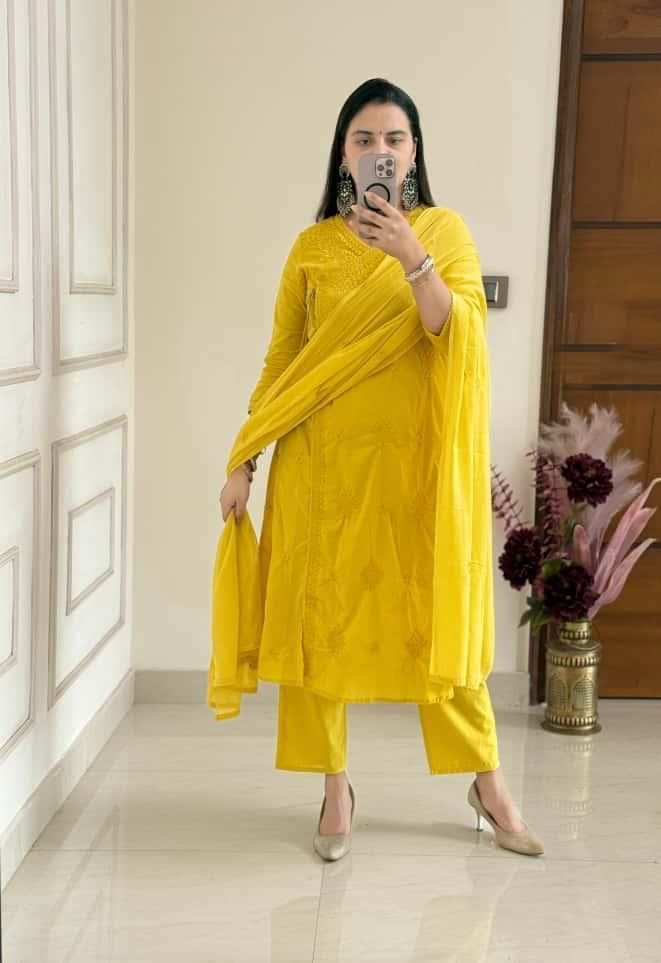 Yellow Cotton Chikankari Angrakha Set
