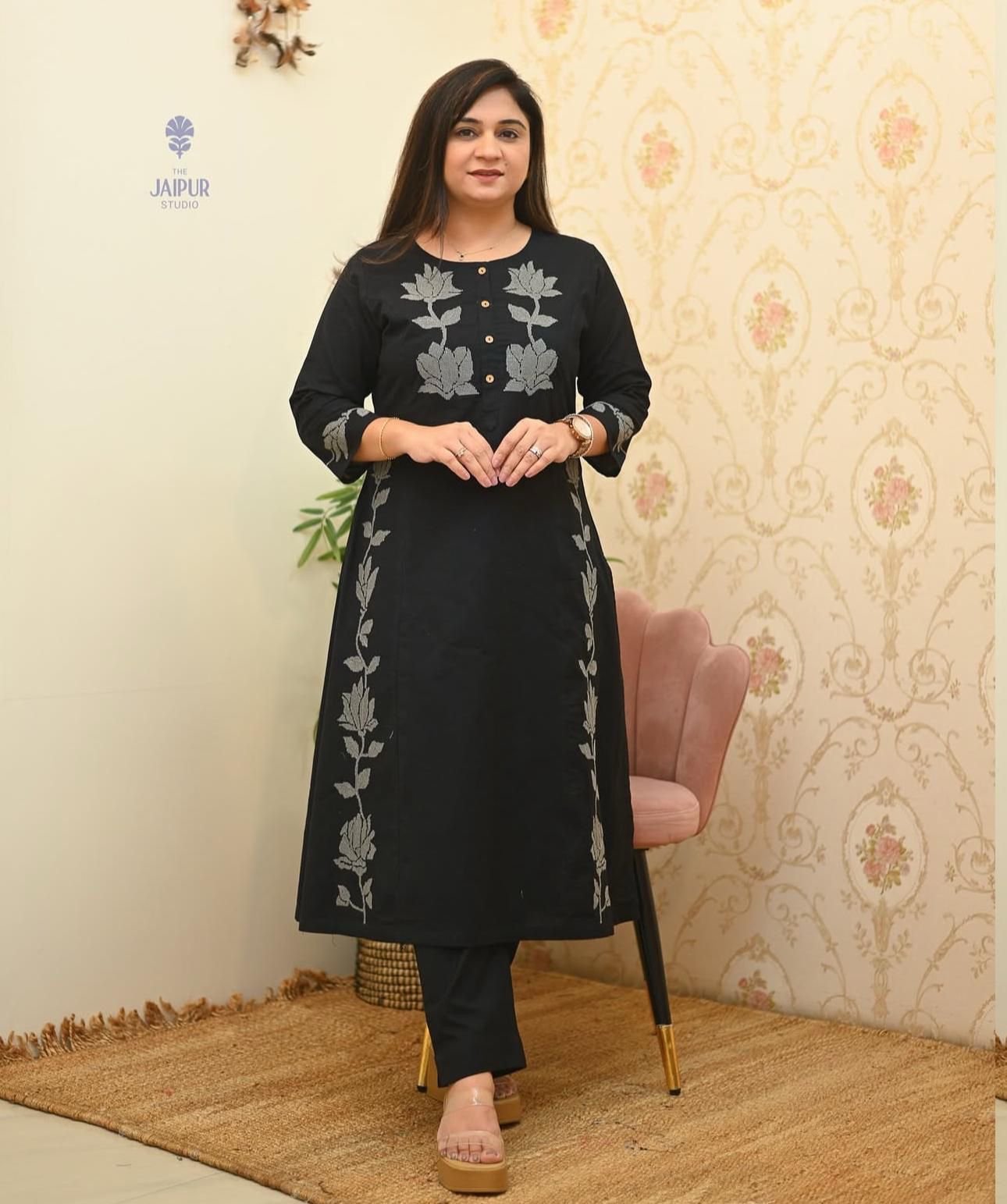 Black Cotton Flex Embroidered Co-ord Set