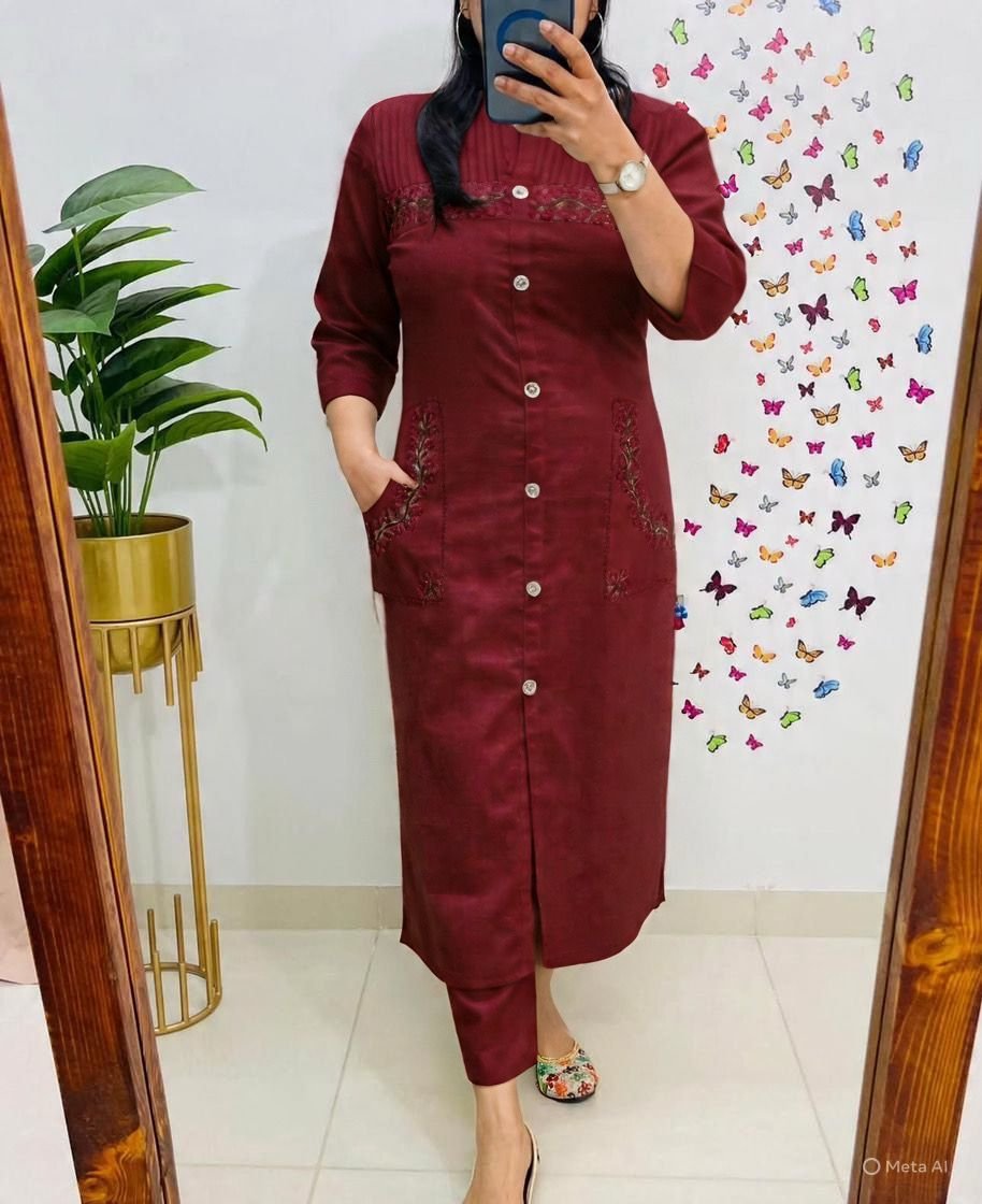 Cotton Embroidered Kurti with Two-Pocket Pant Set