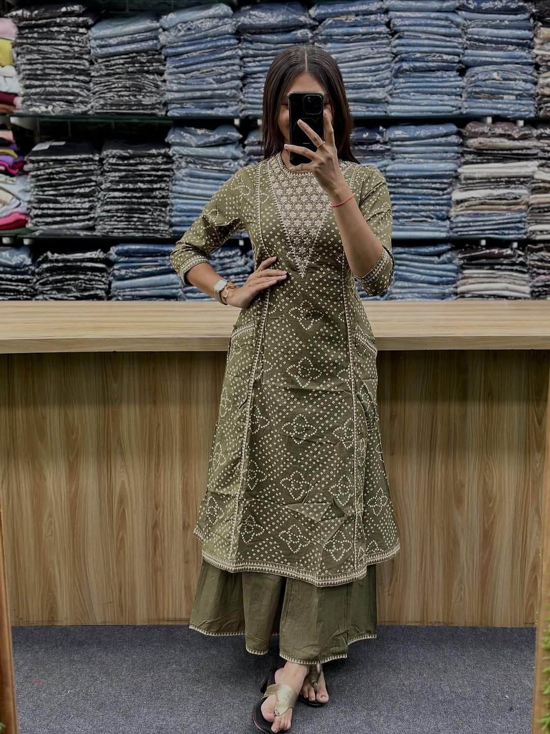 Green Cotton Embroidered 3-Piece Suit Set