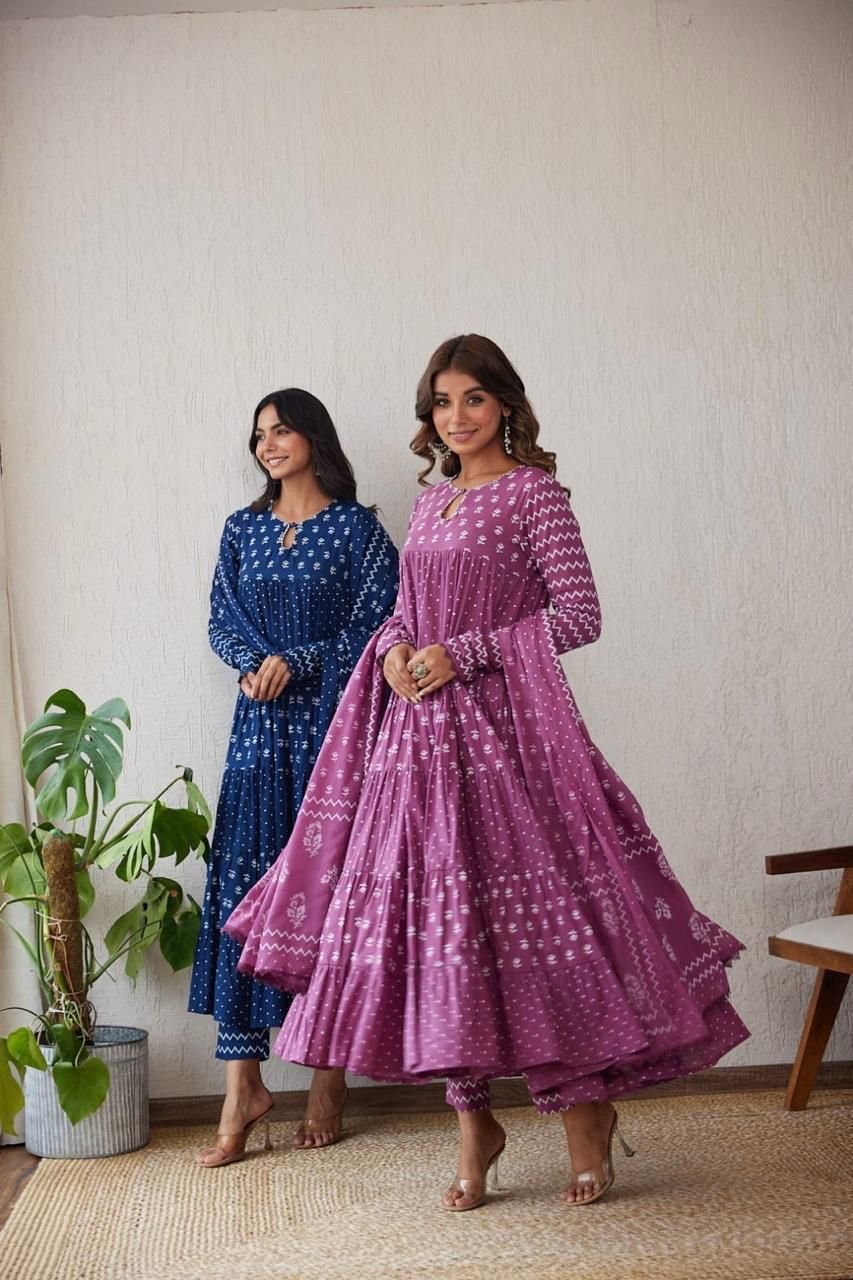 Purple Cotton Anarkali Suit with Dupatta