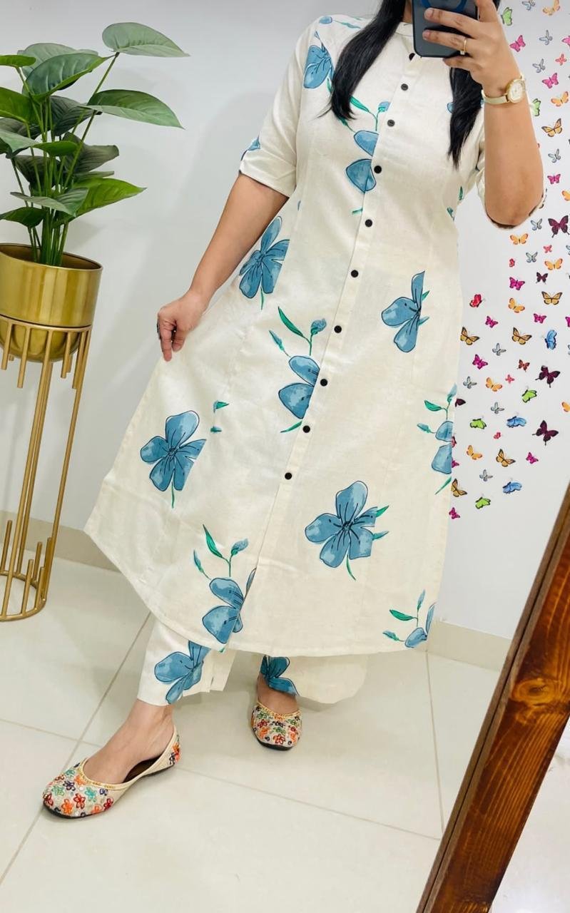 Blue Cotton Kurti Pant Set with Printed Design & Pocket