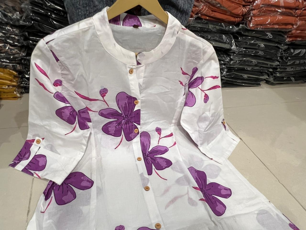 Purple Cotton Kurti Pant Set with Printed Design & Pocket