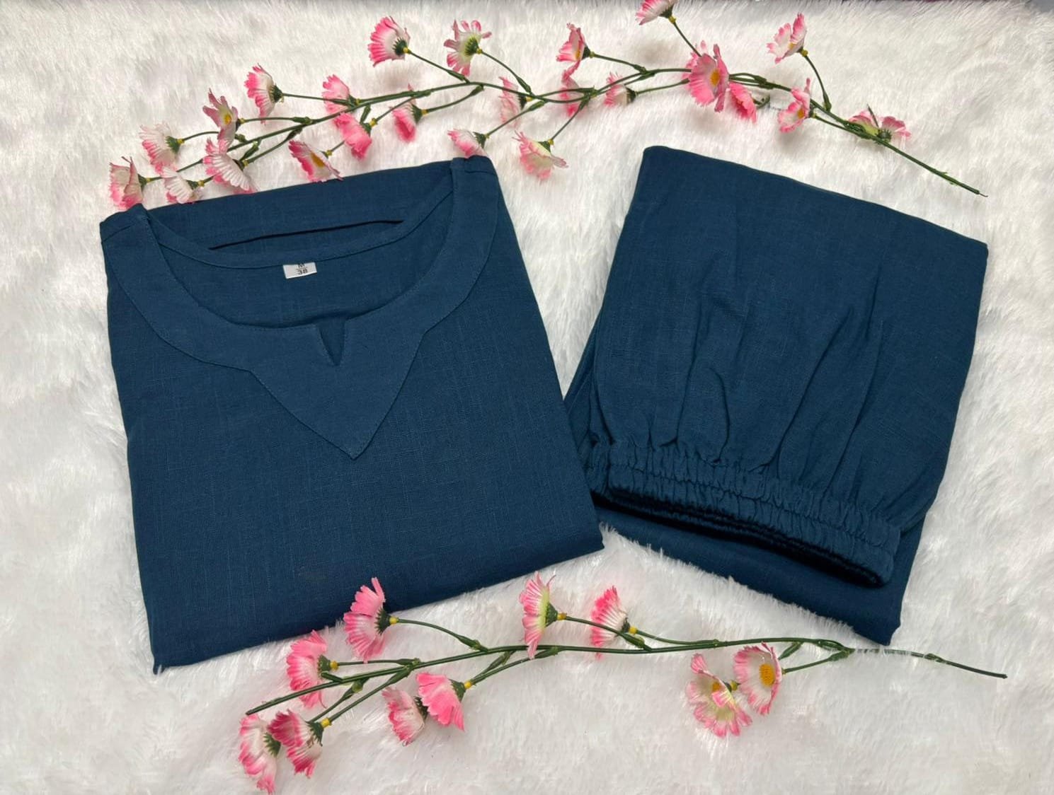 Blue Cotton Slub Coord Set with Palazzo and Pockets