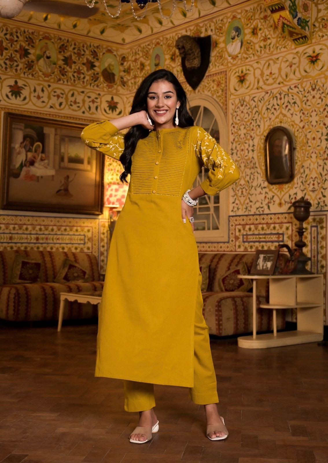 Yellow Kurti Pant Set with Embroidery & Pintex Detailing