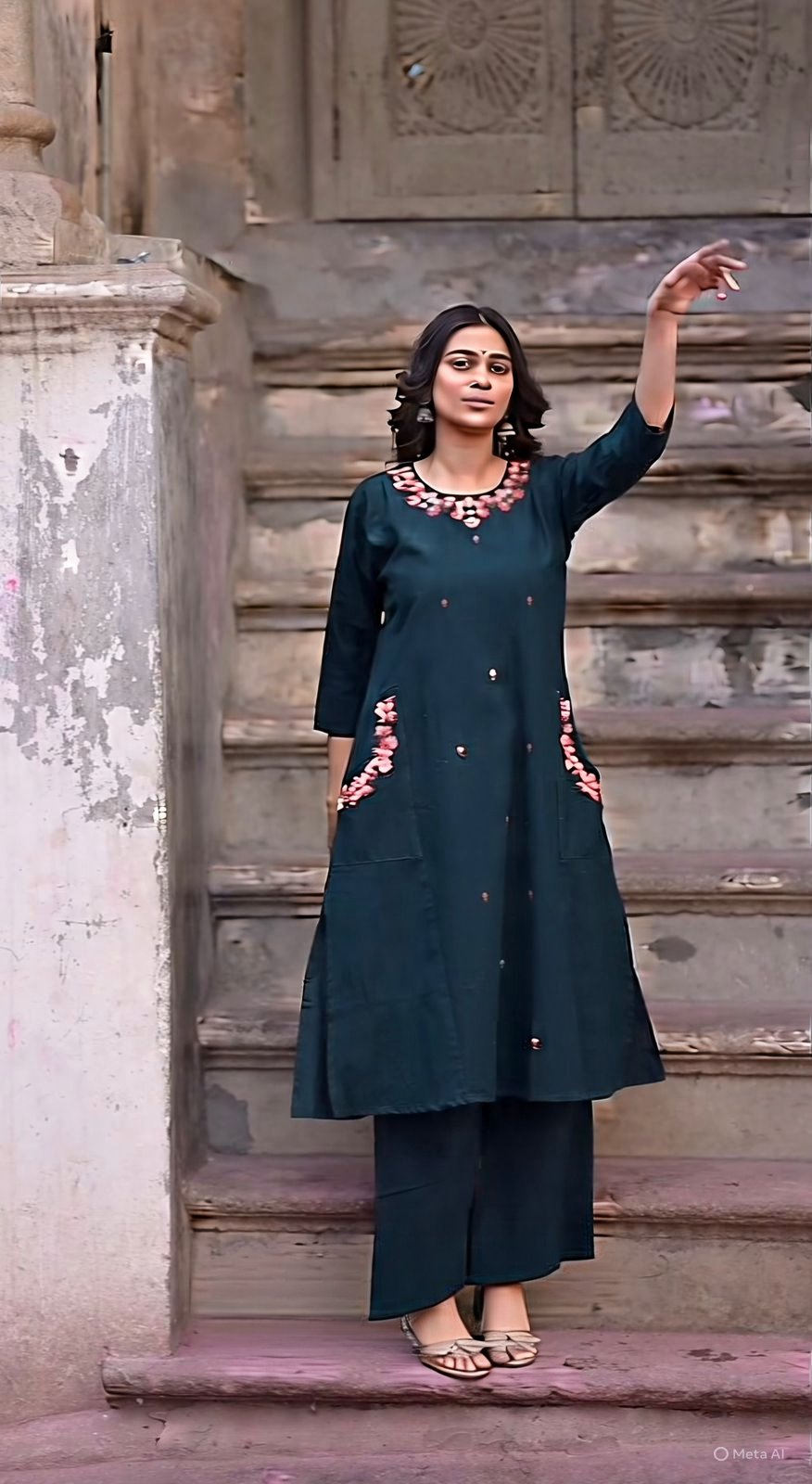 Blue Cotton Coord Set with Embroidered Top and Pant