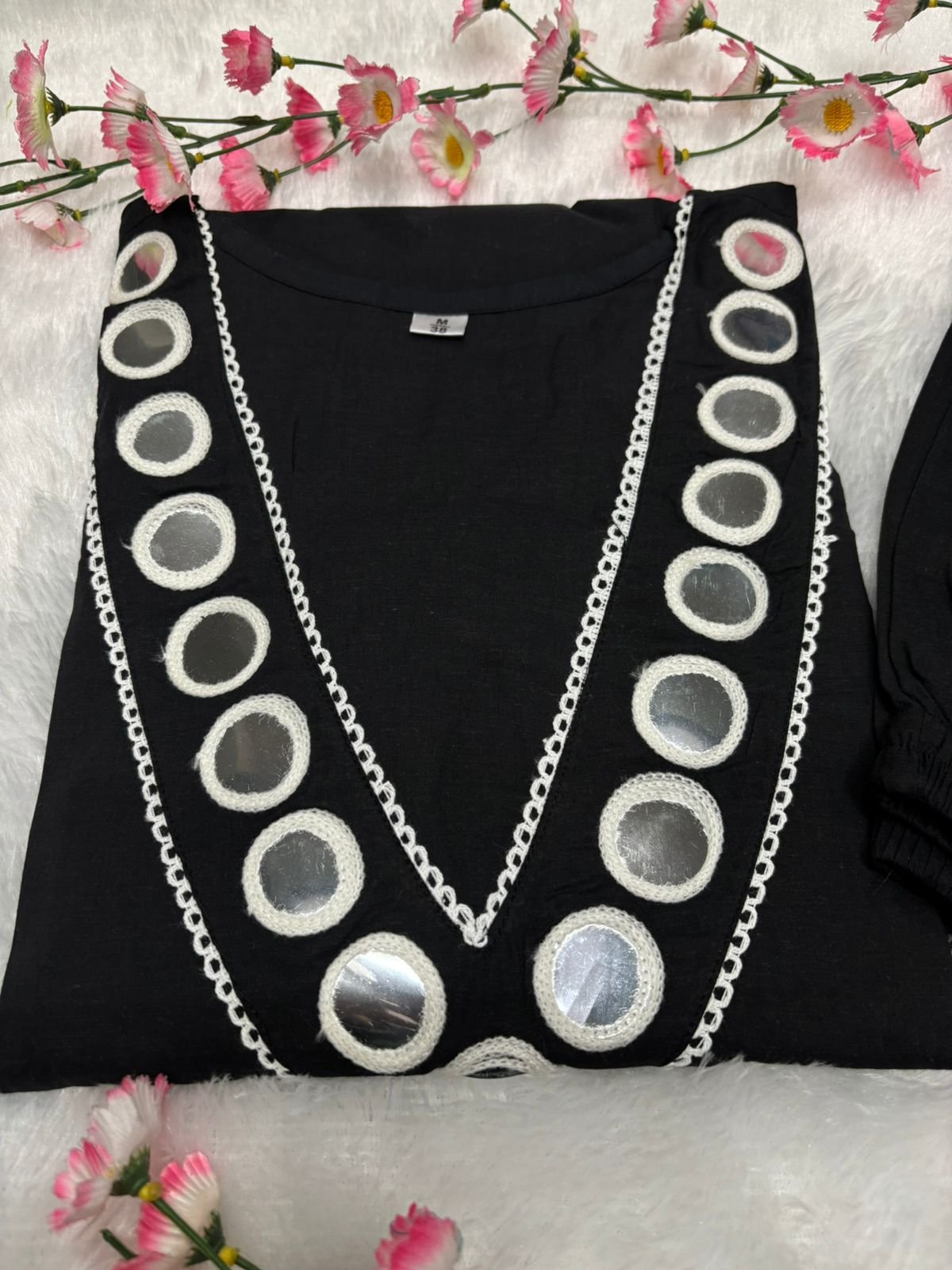 Black Cotton Kurti Pant Set with Mirror Embroidery