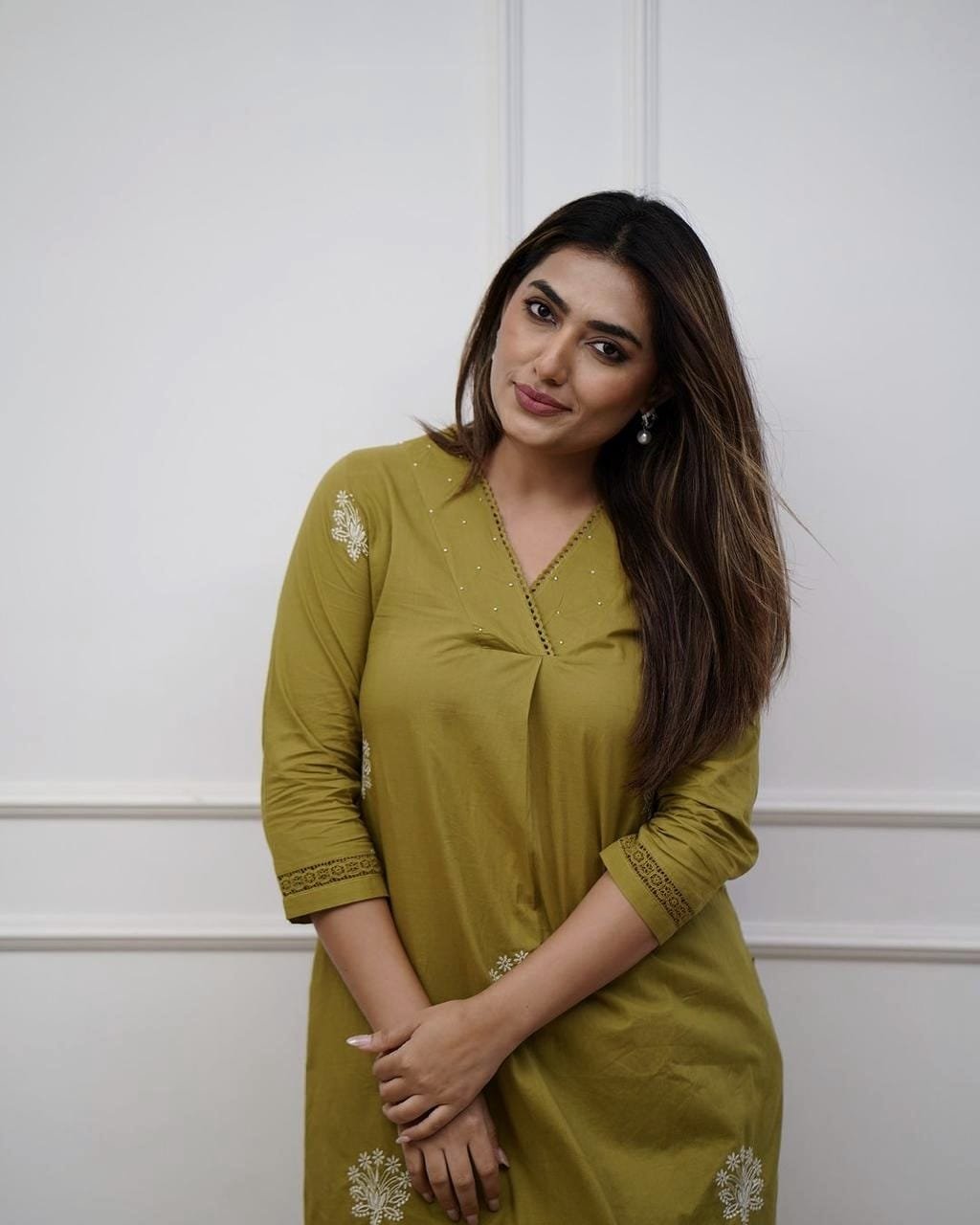 Green Cotton Embroidered Office Wear Kurti Set