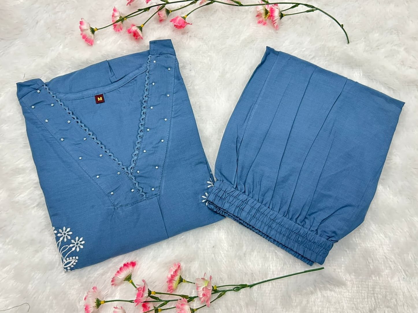 Blue Cotton Embroidered Office Wear Kurti Set