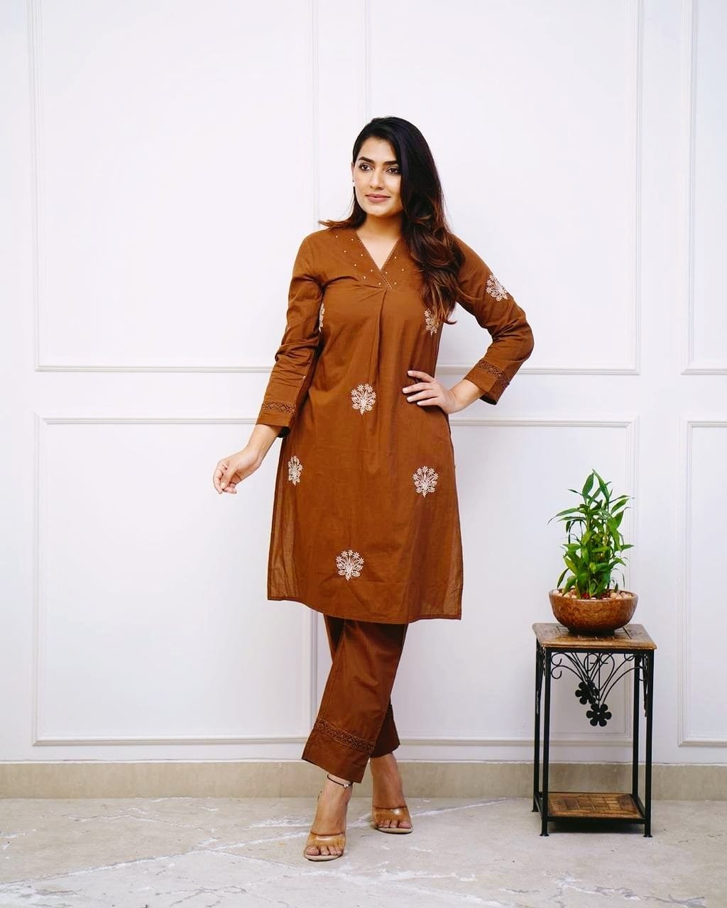 Brown Cotton Embroidered Office Wear Kurti Set