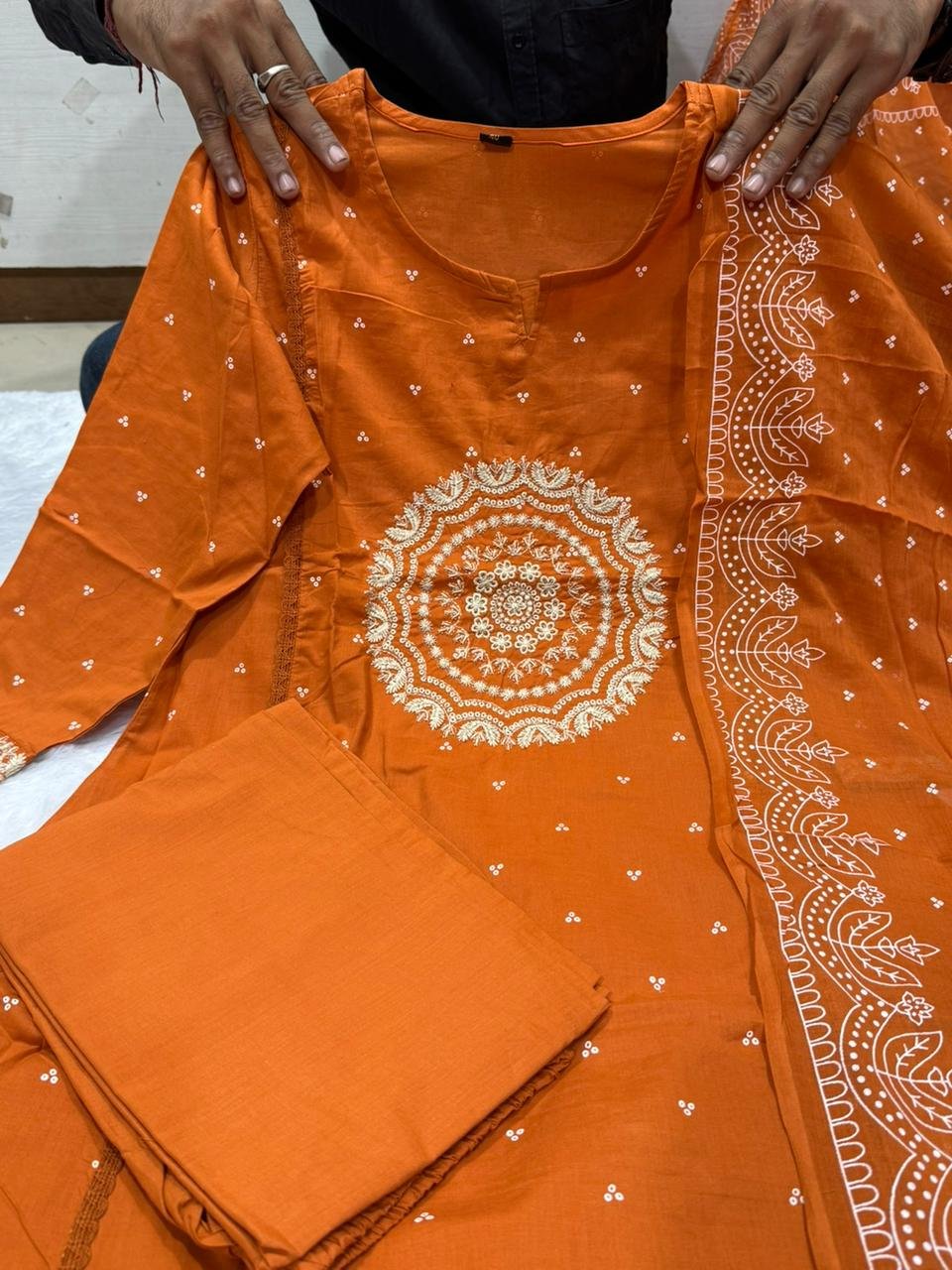Orange  Cotton Suit Set with Embroidered Dupatta