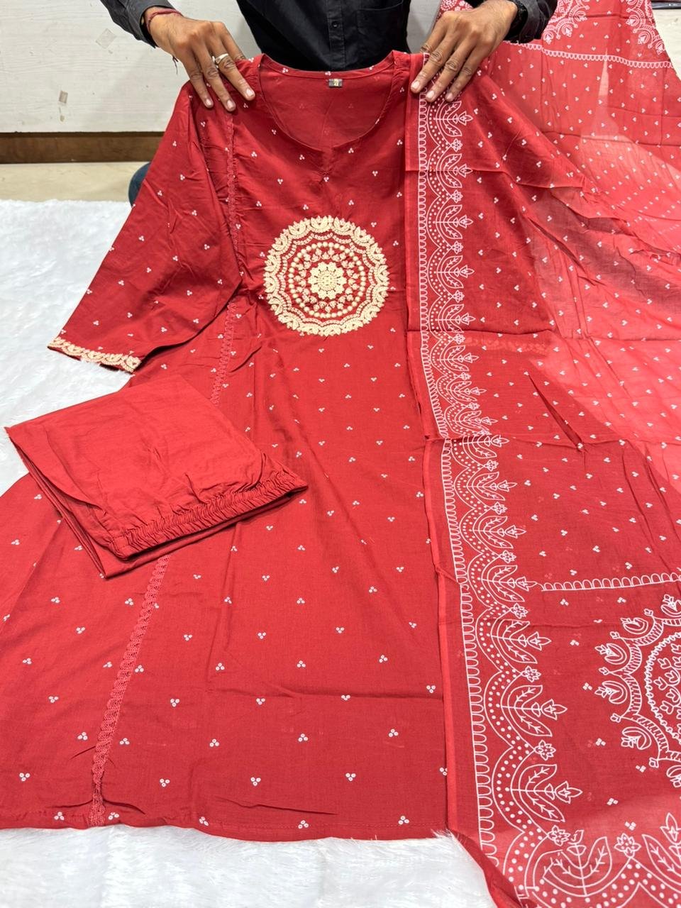 Red Cotton Suit Set with Embroidered Dupatta