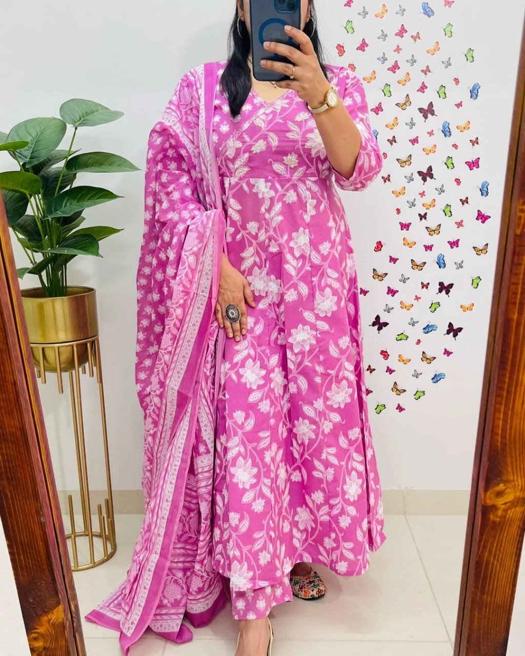 Pink Cotton Anarkali Kurti Pant Dupatta Set