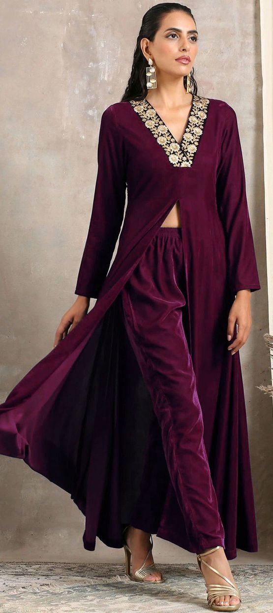 Wine Pure Velvet Suit Set with Thread Embroidery