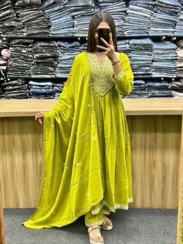 Yellow Cotton Embroidered Anarkali Suit Set with Dupatta
