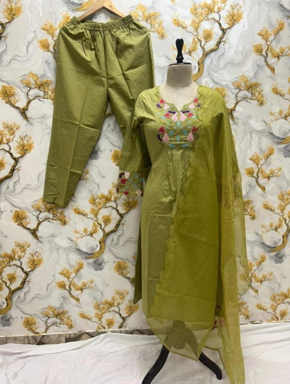 Embroidered Cotton Kurti Pant Set with Organza Dupatta