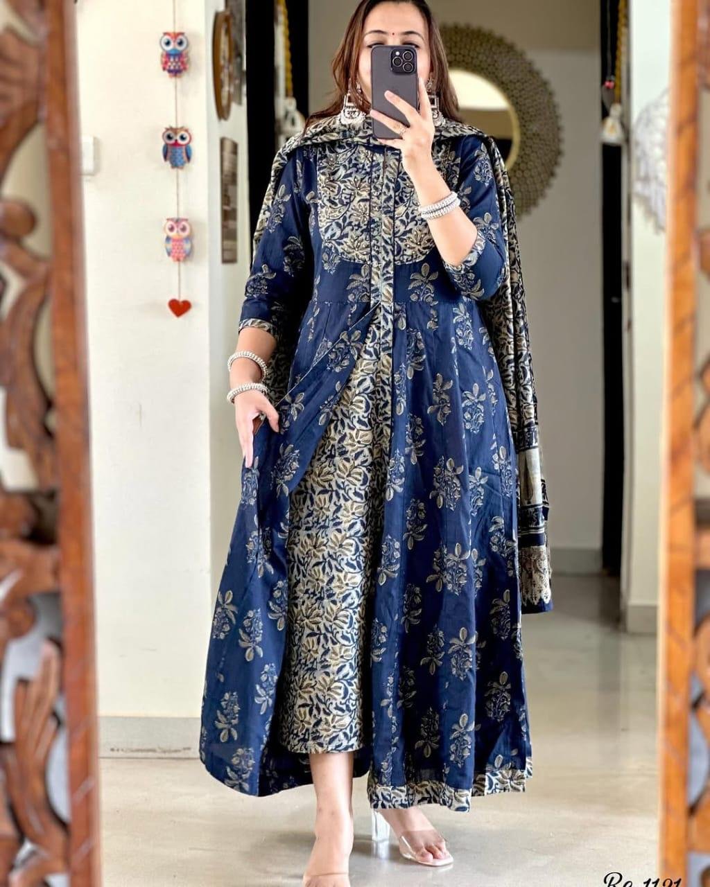 Blue Printed Cotton Anarkali Kurti Pant Dupatta Set