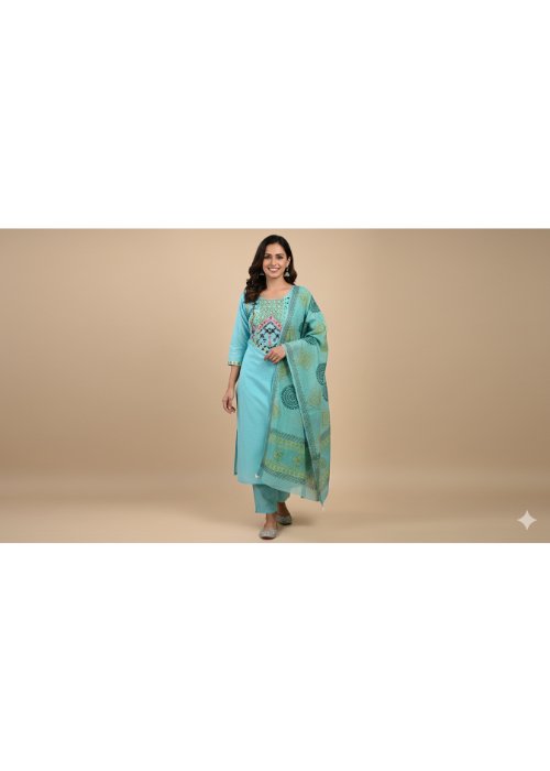 Embroidered Cotton Kurti Palazzo Dupatta Set