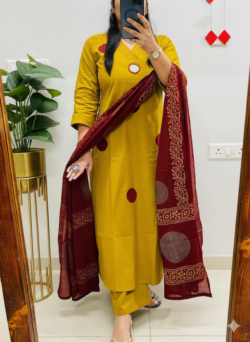 Yellow Cotton Handblock Kurti Pant Dupatta Set