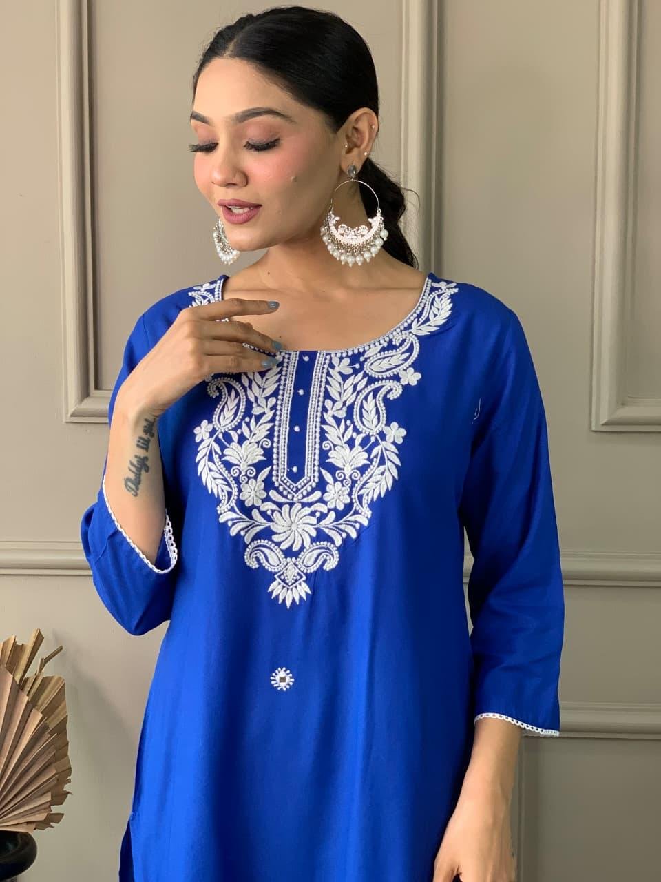 Blue  Rayon Mirror Work Kurti Set