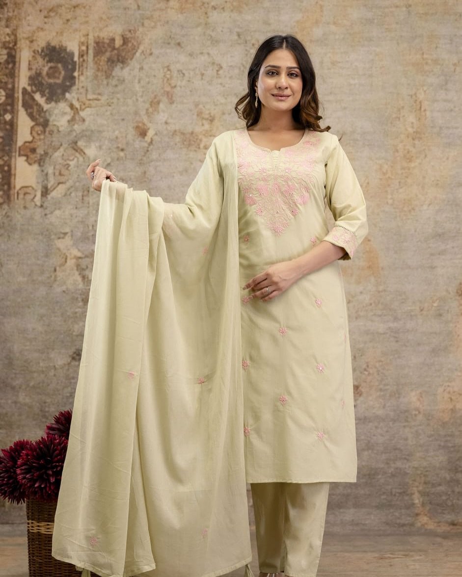 Cream Khadi Flex Cotton Embroidered Suit Set