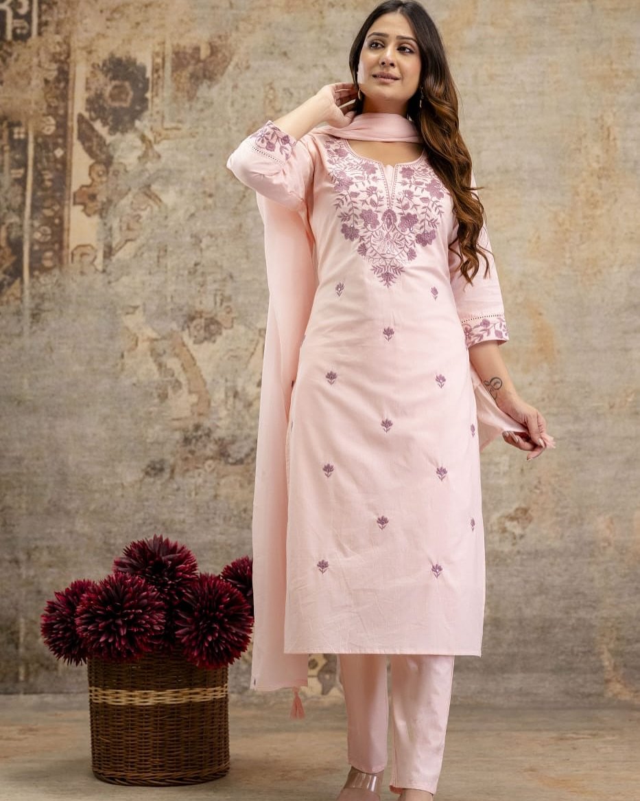 Pink Flex Cotton Embroidered Suit Set