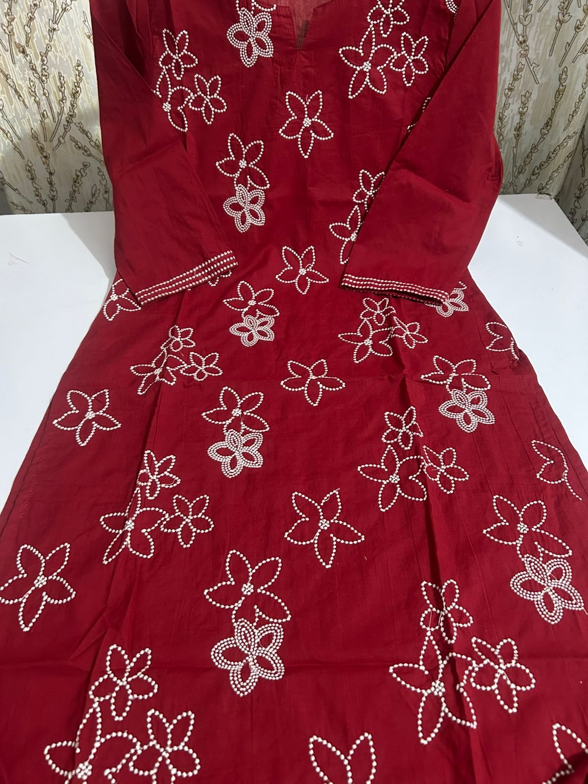 Red Cotton Embroidered Khadi Suit Set