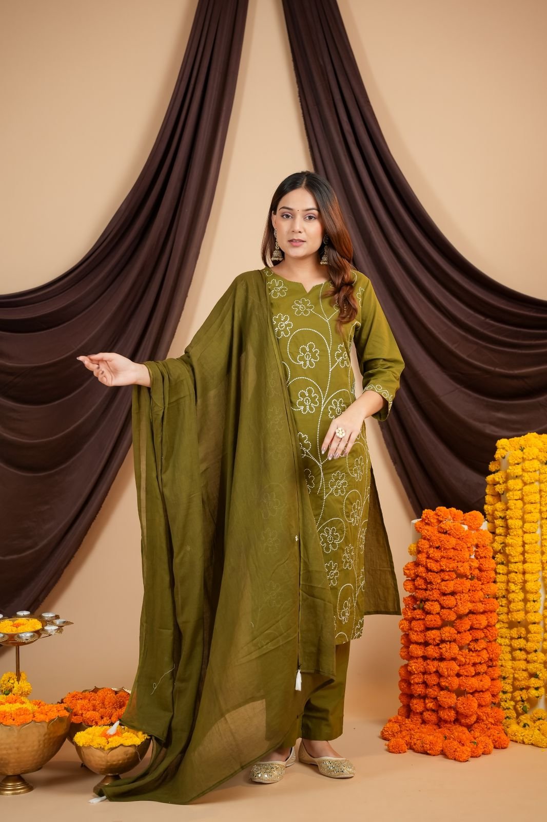 Green Cotton Embroidered Khadi Suit Set