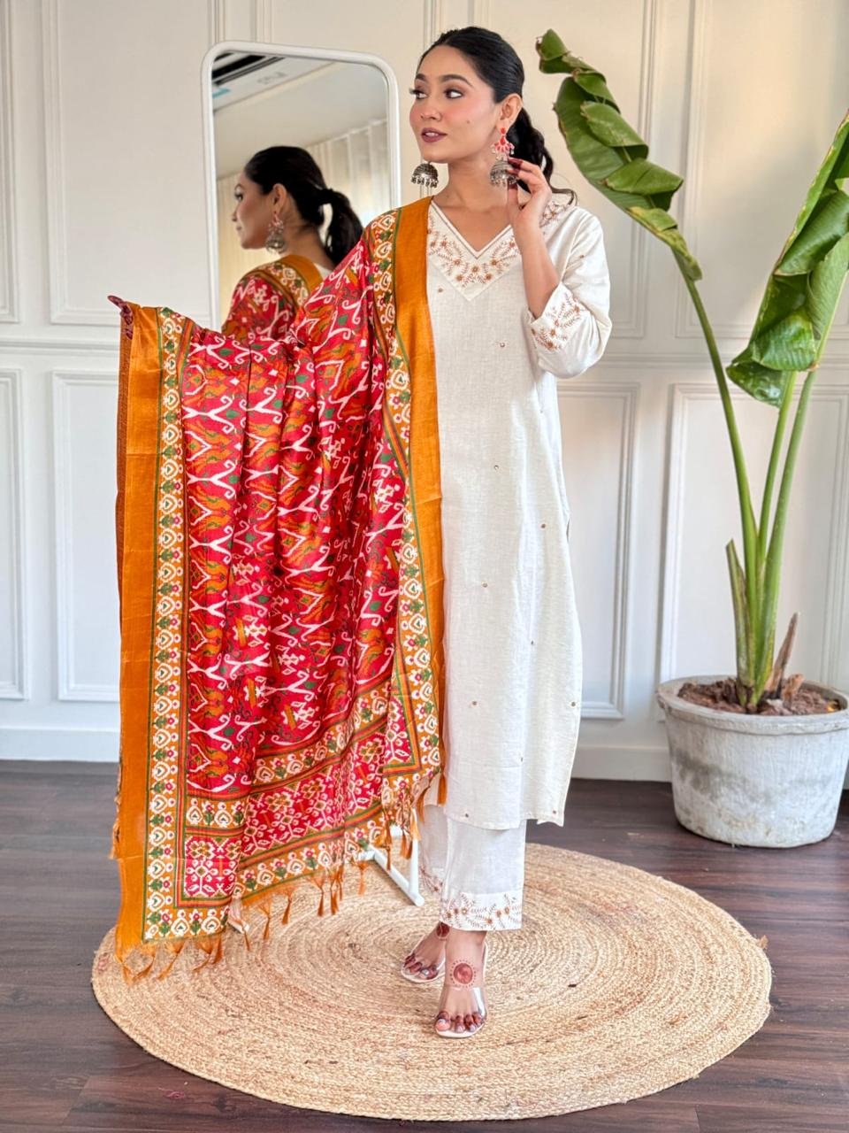 Cotton Flex Embroidered Kurti Set with Silk Dupatta