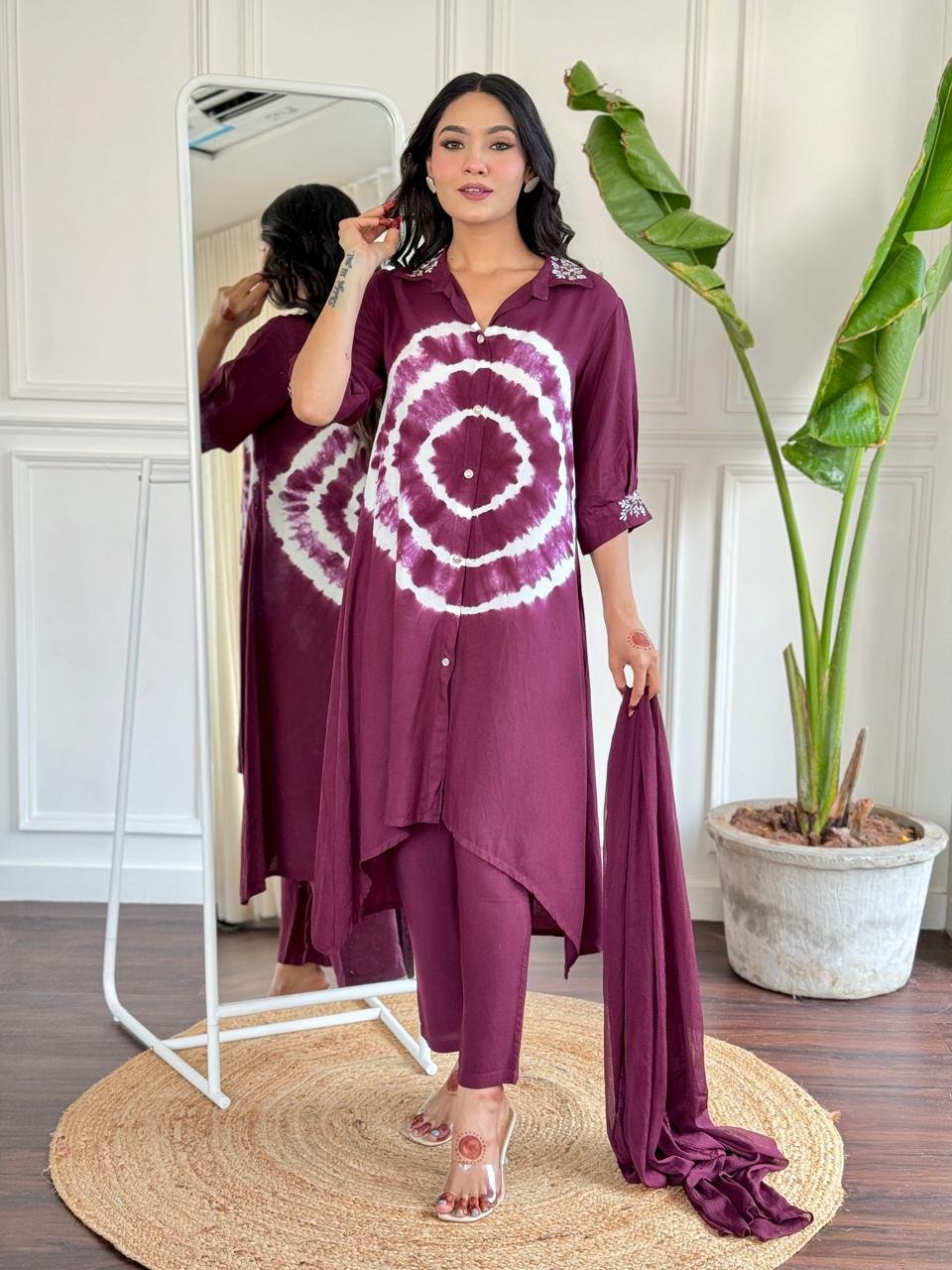 Maroon Rayon Cord Set with Chiffon Dupatta