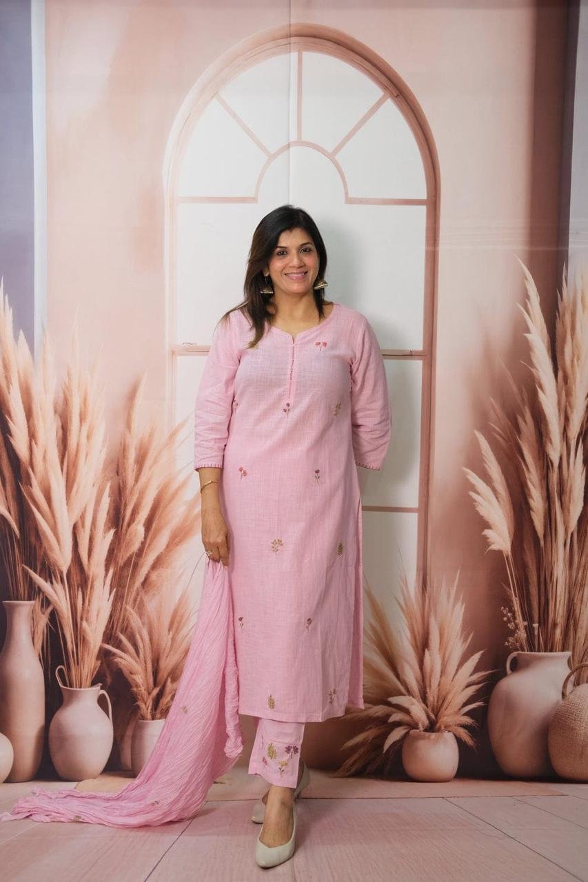 Pink Khadi Cotton Suit Set with Kantha Handwork