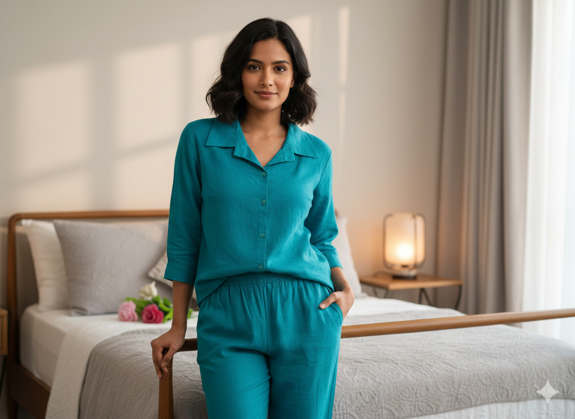 Blue Cotton Slub Co-Ord Set with Tunic Top