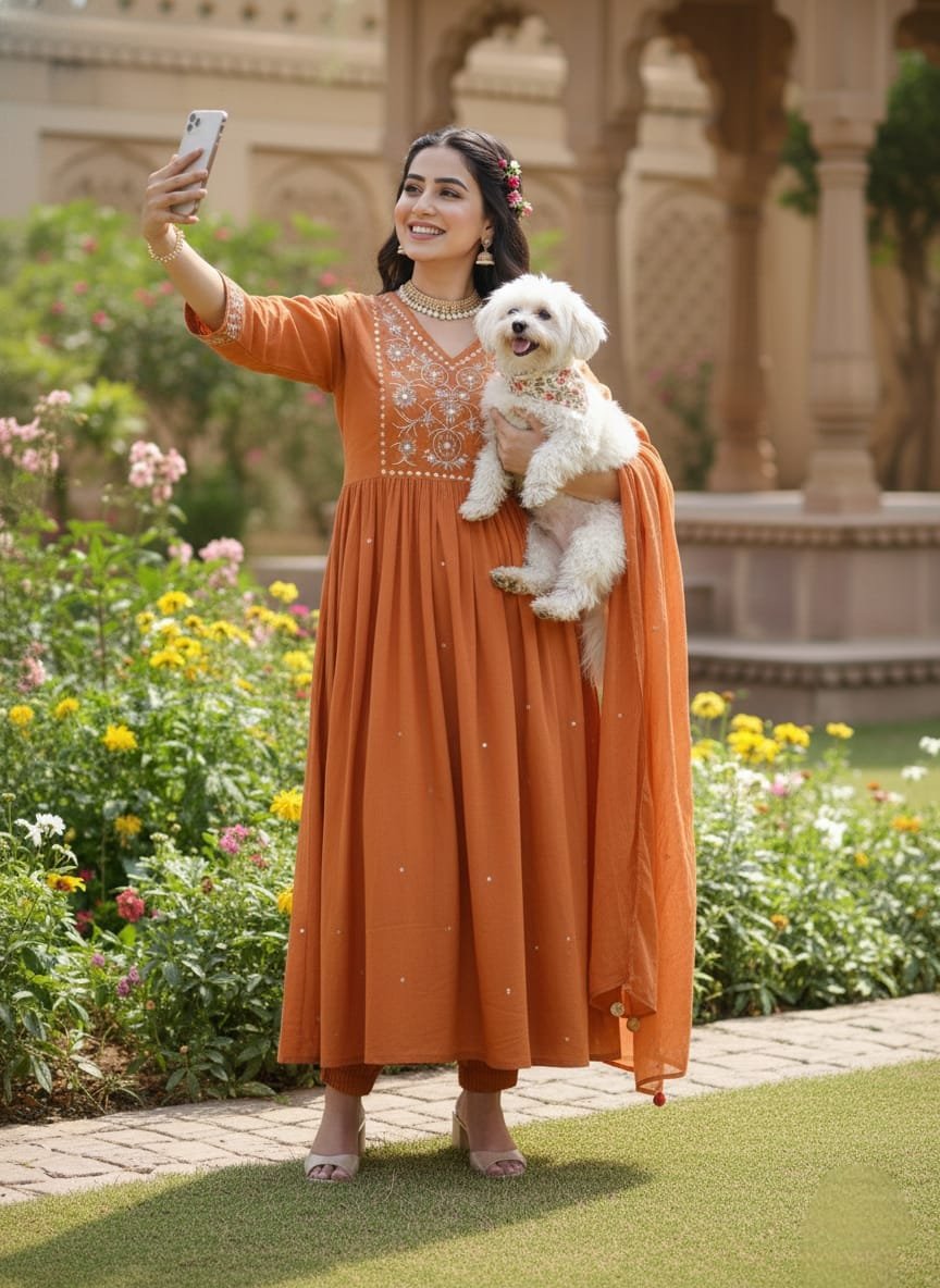 Cotton Floral Embroidered Anarkali Suit Set