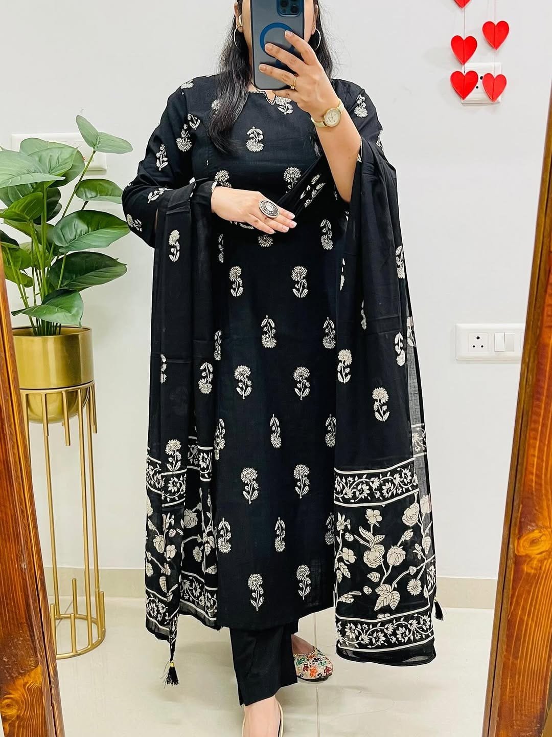 Black Pure Cotton Kurti Pant Dupatta Set