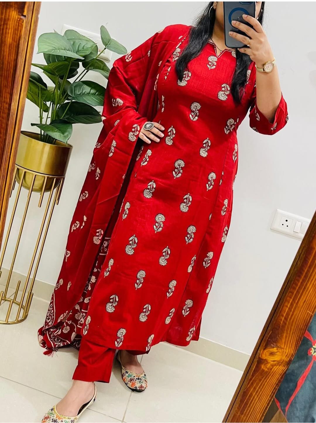 Red Pure Cotton Kurti Pant Dupatta Set