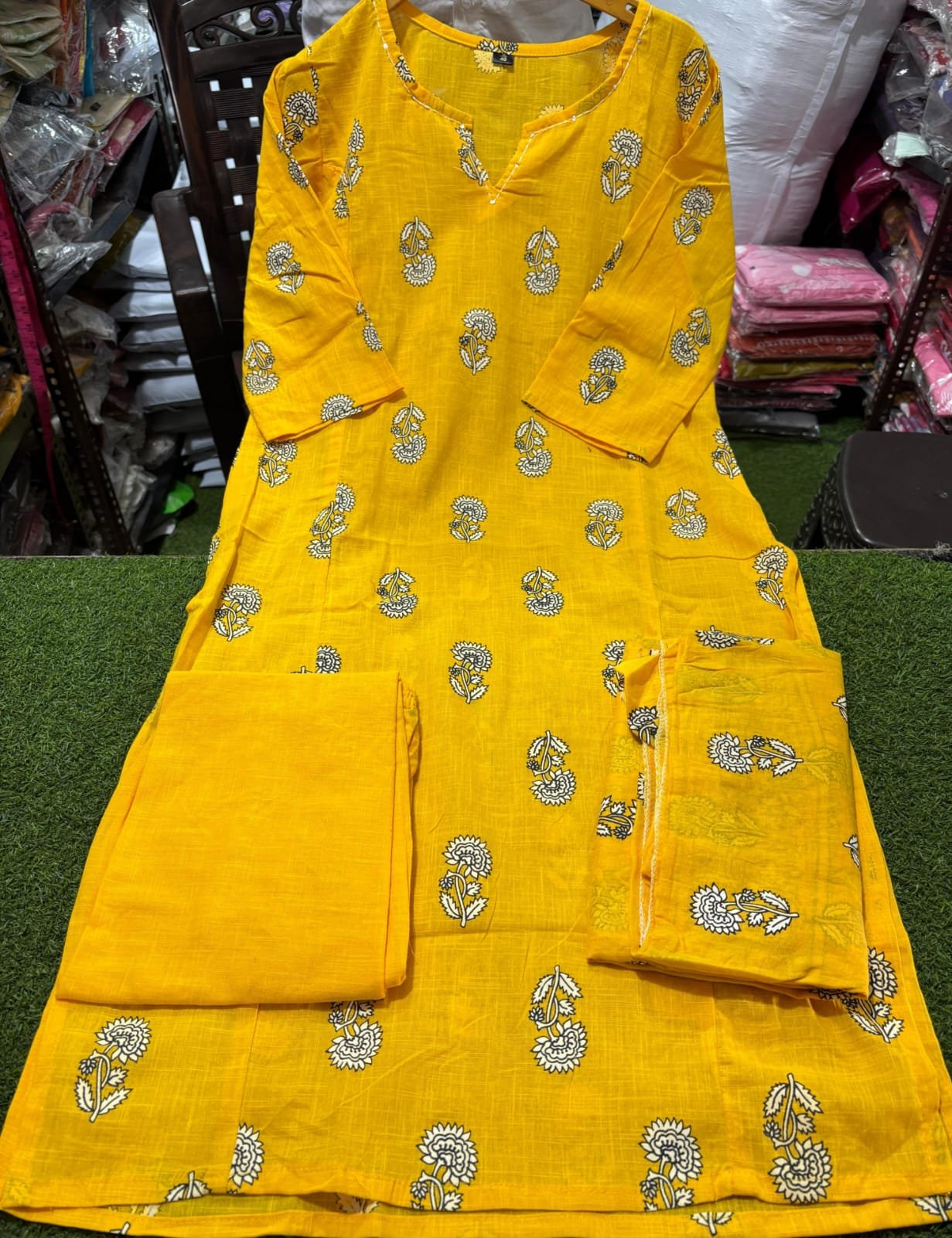 Yellow Pure Cotton Kurti Pant Dupatta Set