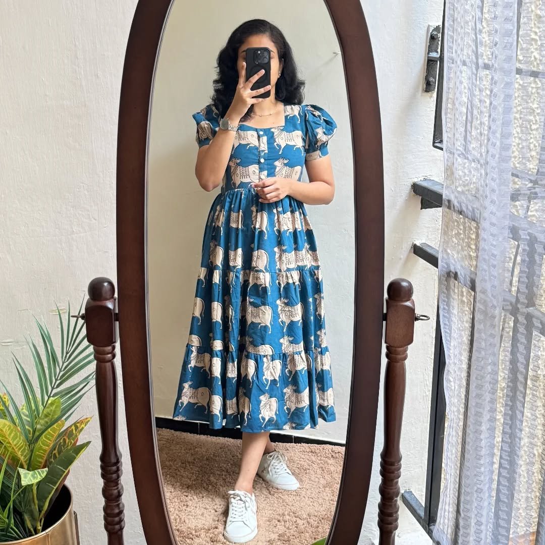 Sky Blue Printed Cotton Midi Gown Dress