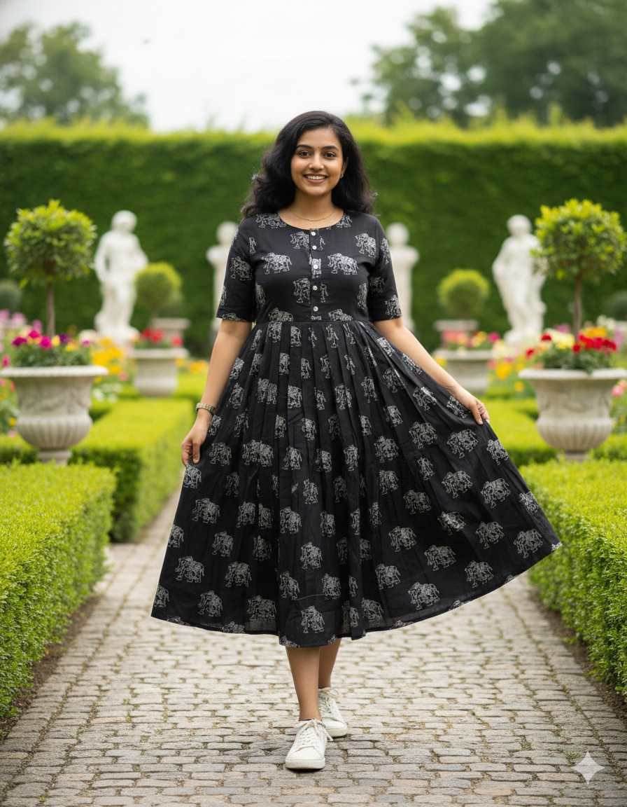 Black Printed Cotton Midi Gown Dress