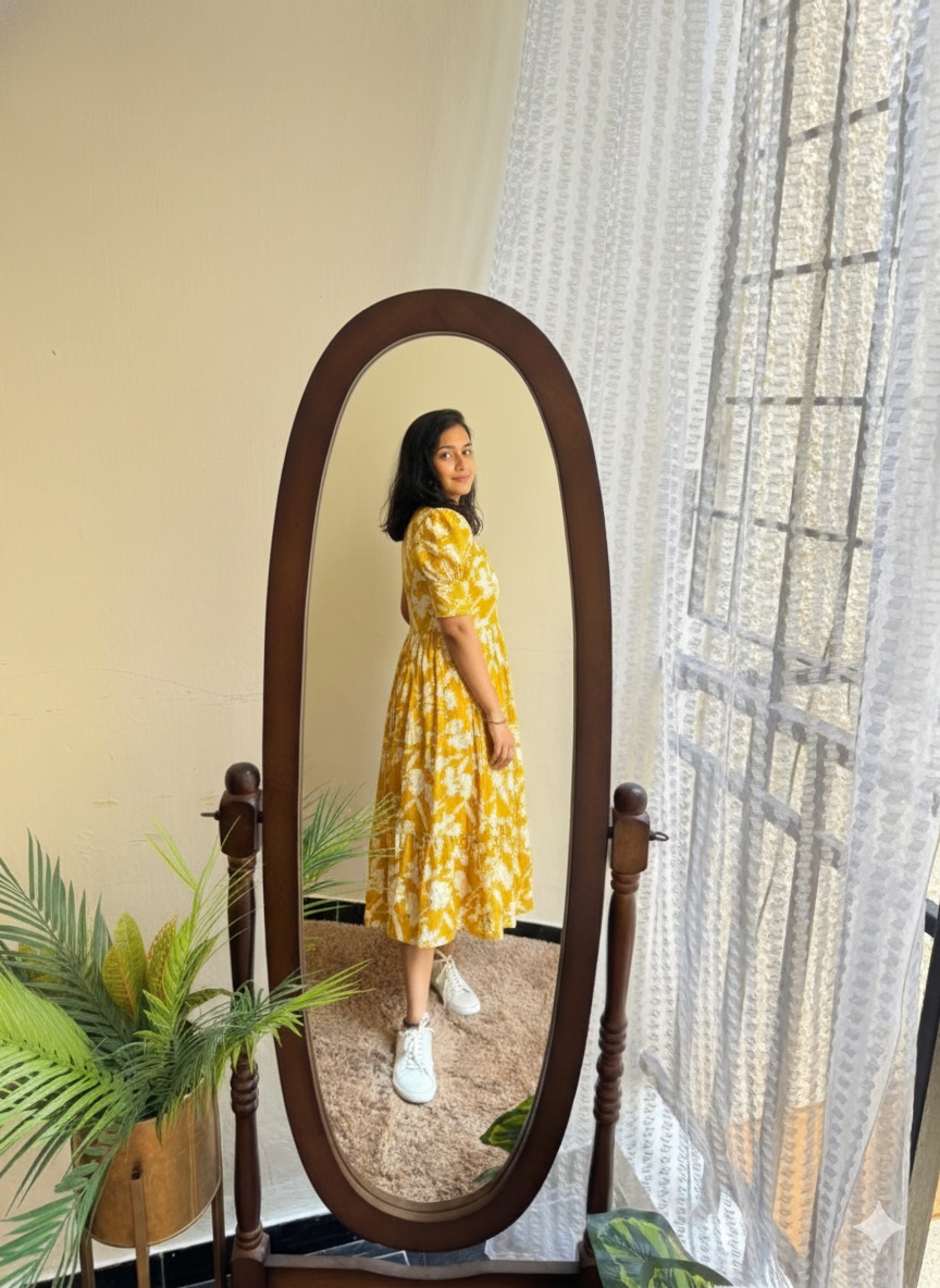 Yellow Printed Cotton Midi Gown Dress