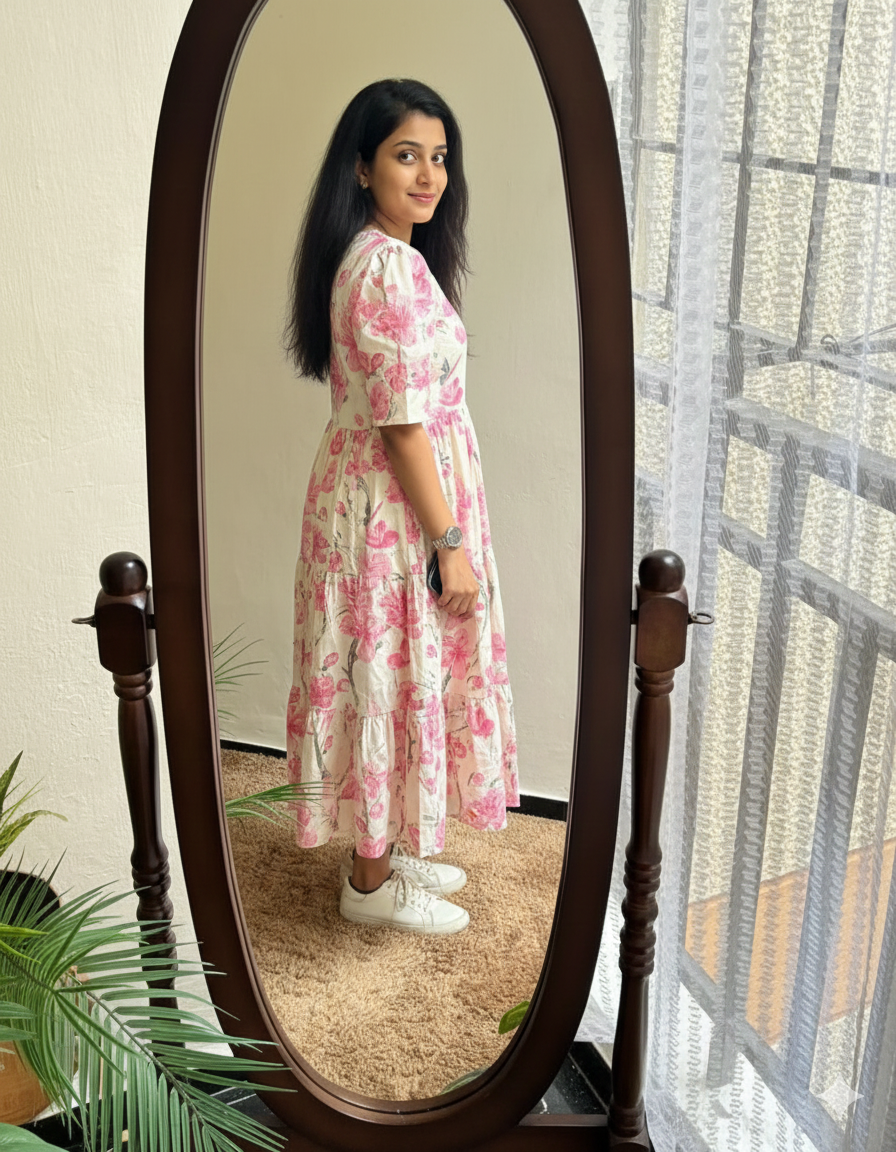 Pink Printed Cotton Midi Gown Dress