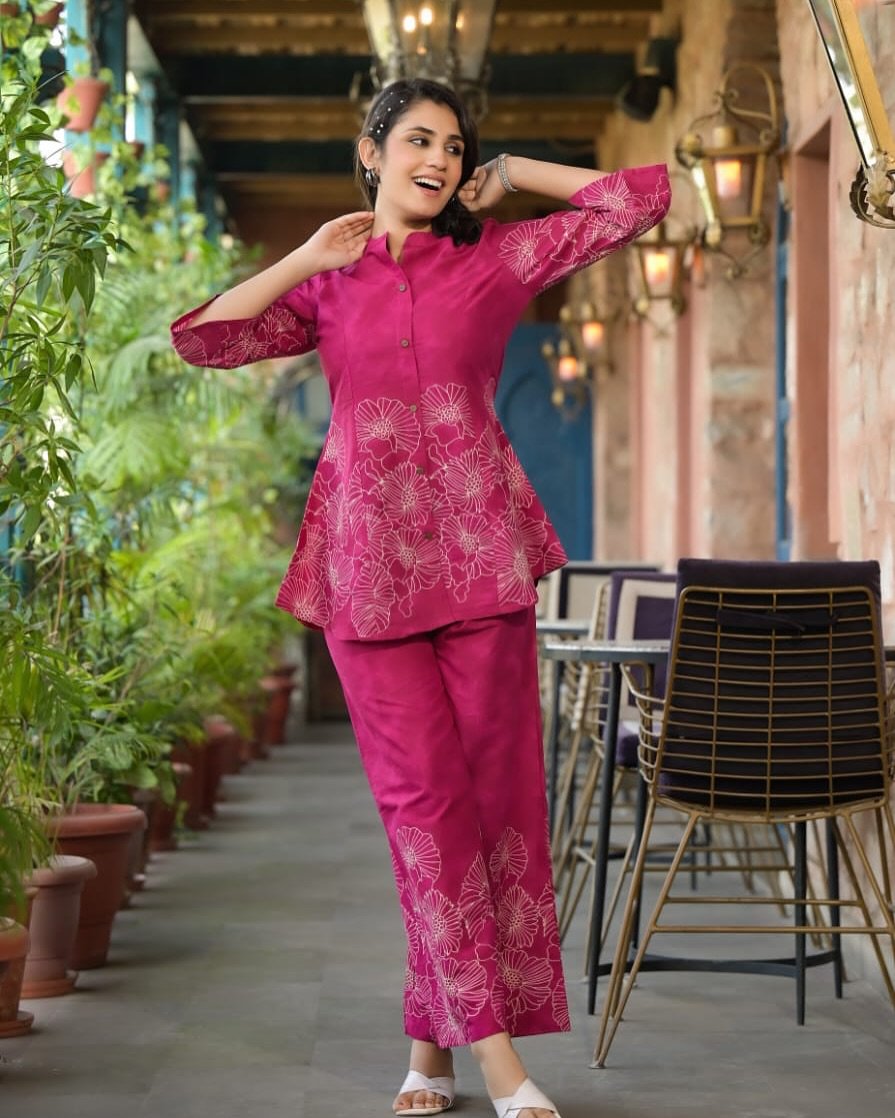Pink Printed Cotton Co-Ord Kurta Set