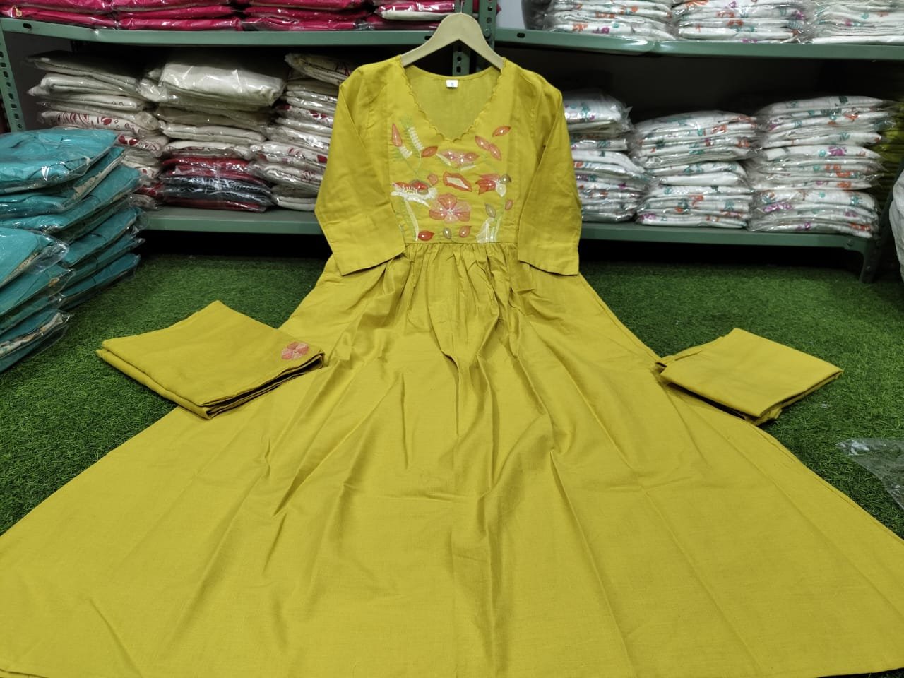 Yellow Anarkali Cotton Embroidered Suit Set