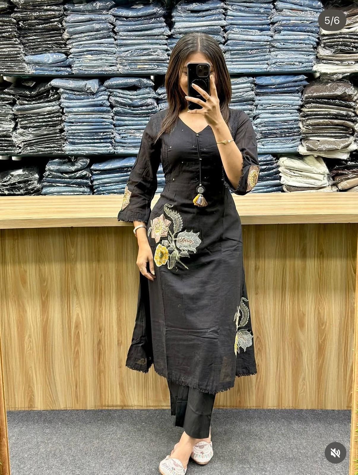 Black Embroidered Cotton Kurti Palazzo Dupatta Set