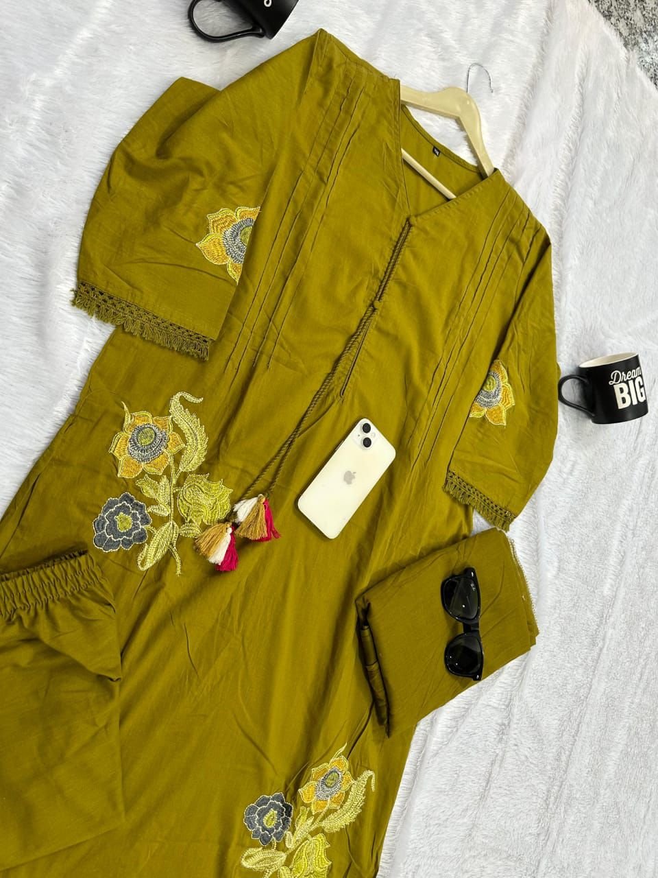 Green Embroidered Cotton Kurti Palazzo Dupatta Set