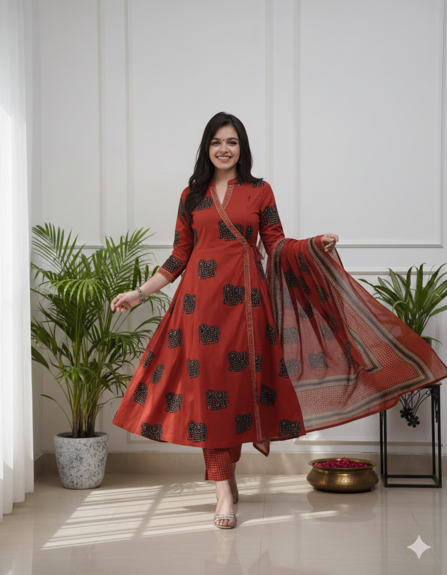 Handwork Cotton Kurti Pant Dupatta Set