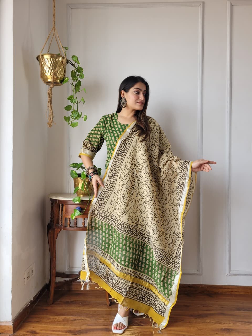 Green Bagru Hand Block Printed Linen Suit Set