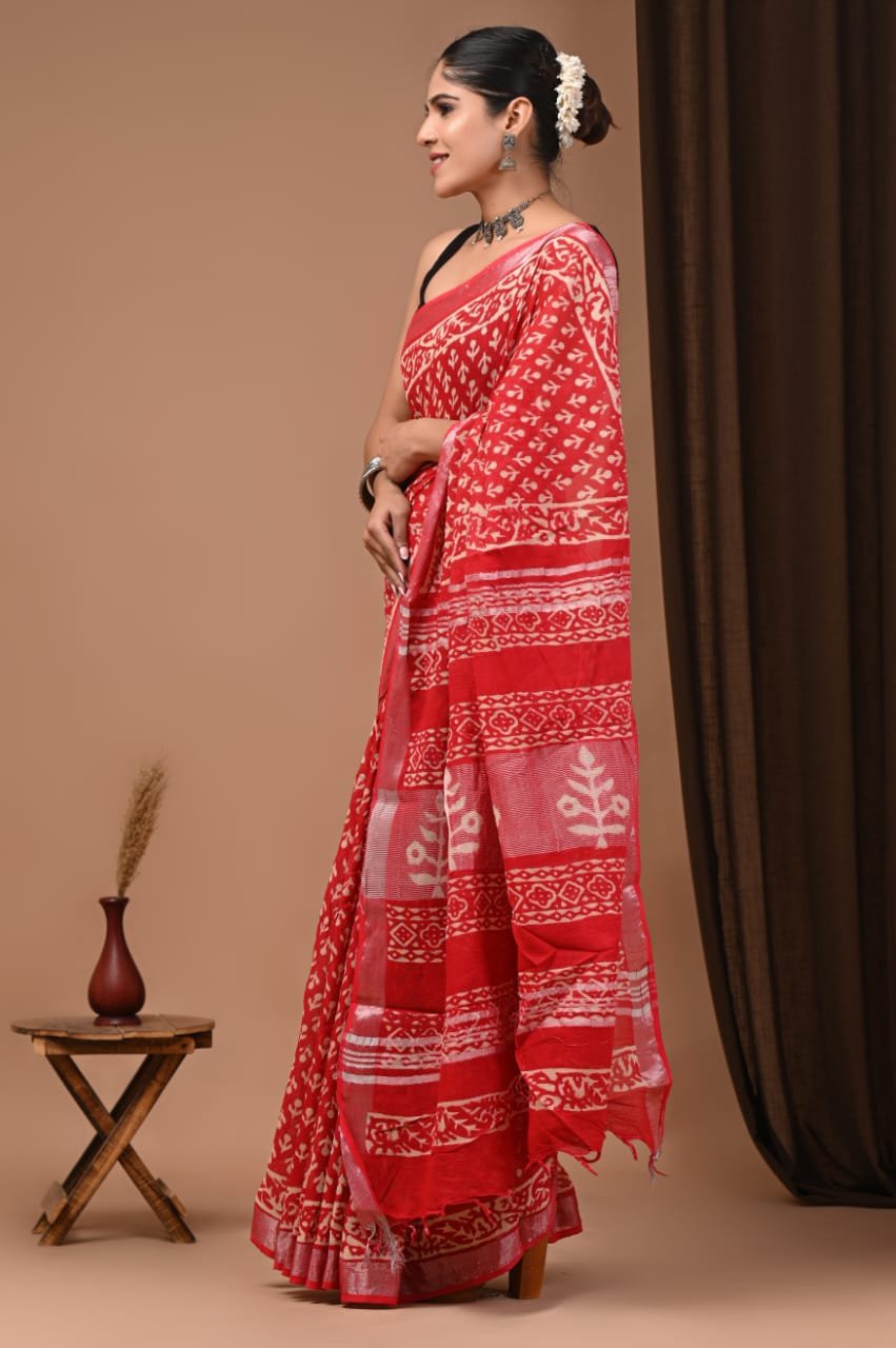 Hand Block Printed Linen Saree with Blouse