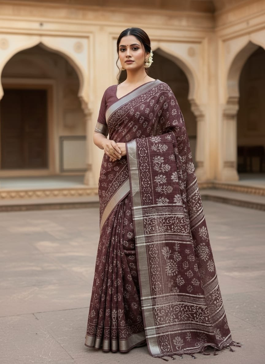 Hand Block Printed Linen Saree with Blouse